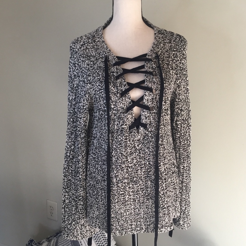 Pam & Gela Lace Up Open Knit Pullover Sweater, L - Picture 3 of 9